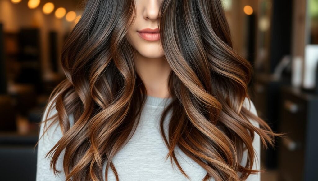 Dark brunette hair with dimension showing subtle highlights and lowlights