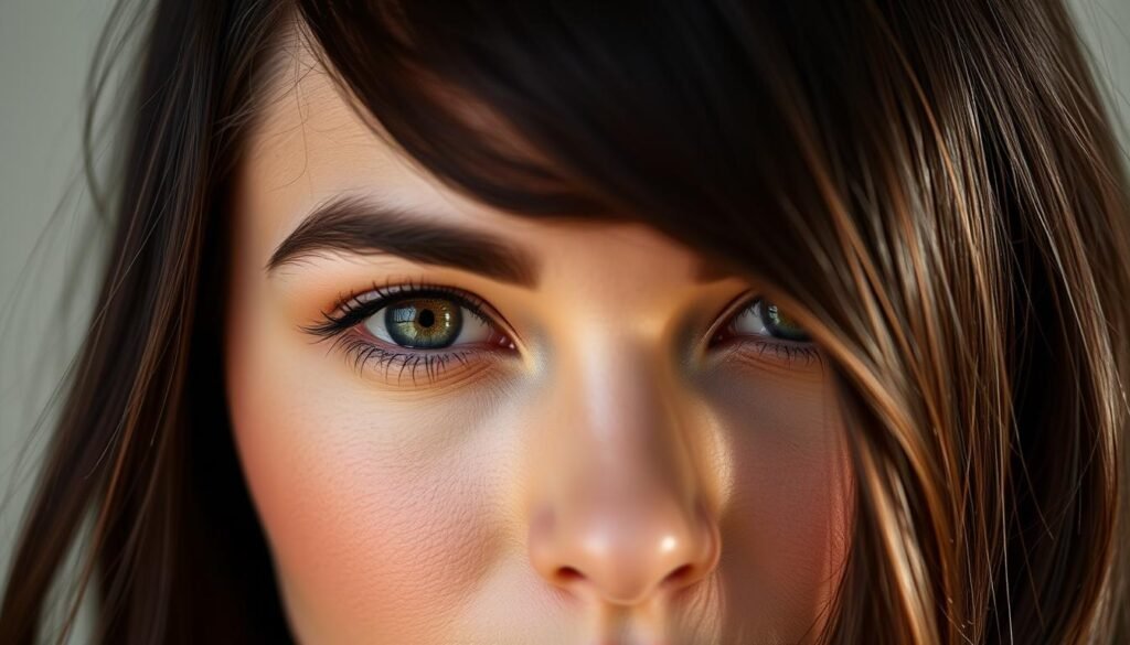 Dark brunette hair with face-framing highlights that brighten the complexion