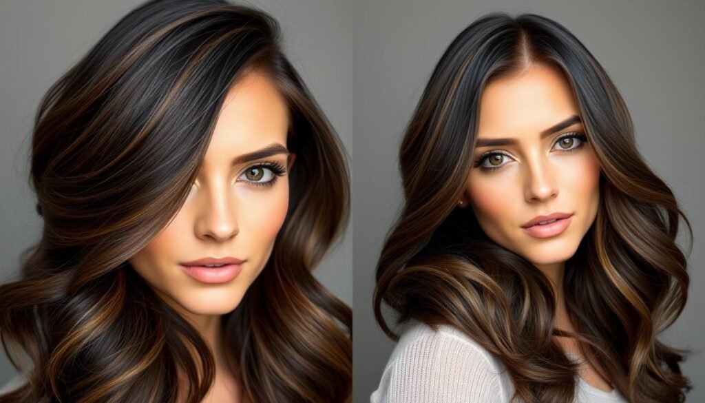 Dark brunette hair with mocha dimension showing subtle coffee-inspired tones
