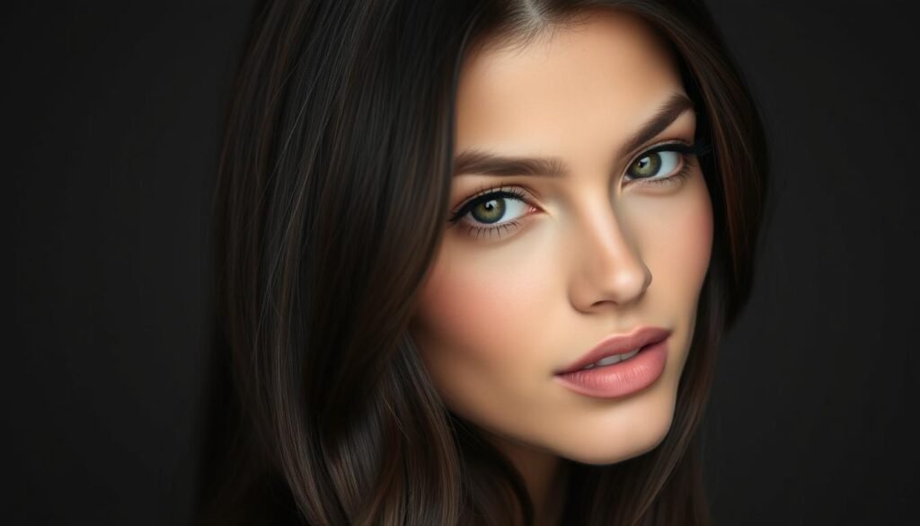 Dark brunette hair with subtle face-framing highlights for natural dimension