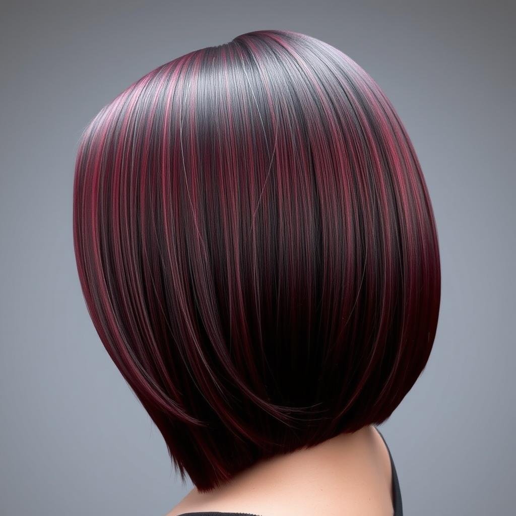 Dark cherry red hair color in a sleek bob cut with dimensional tones