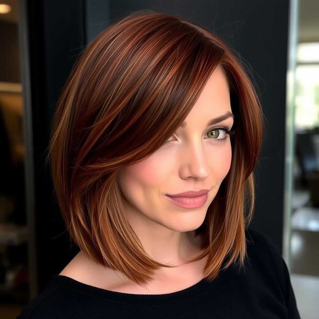 Deep auburn red hair in a bob cut with face-framing layers