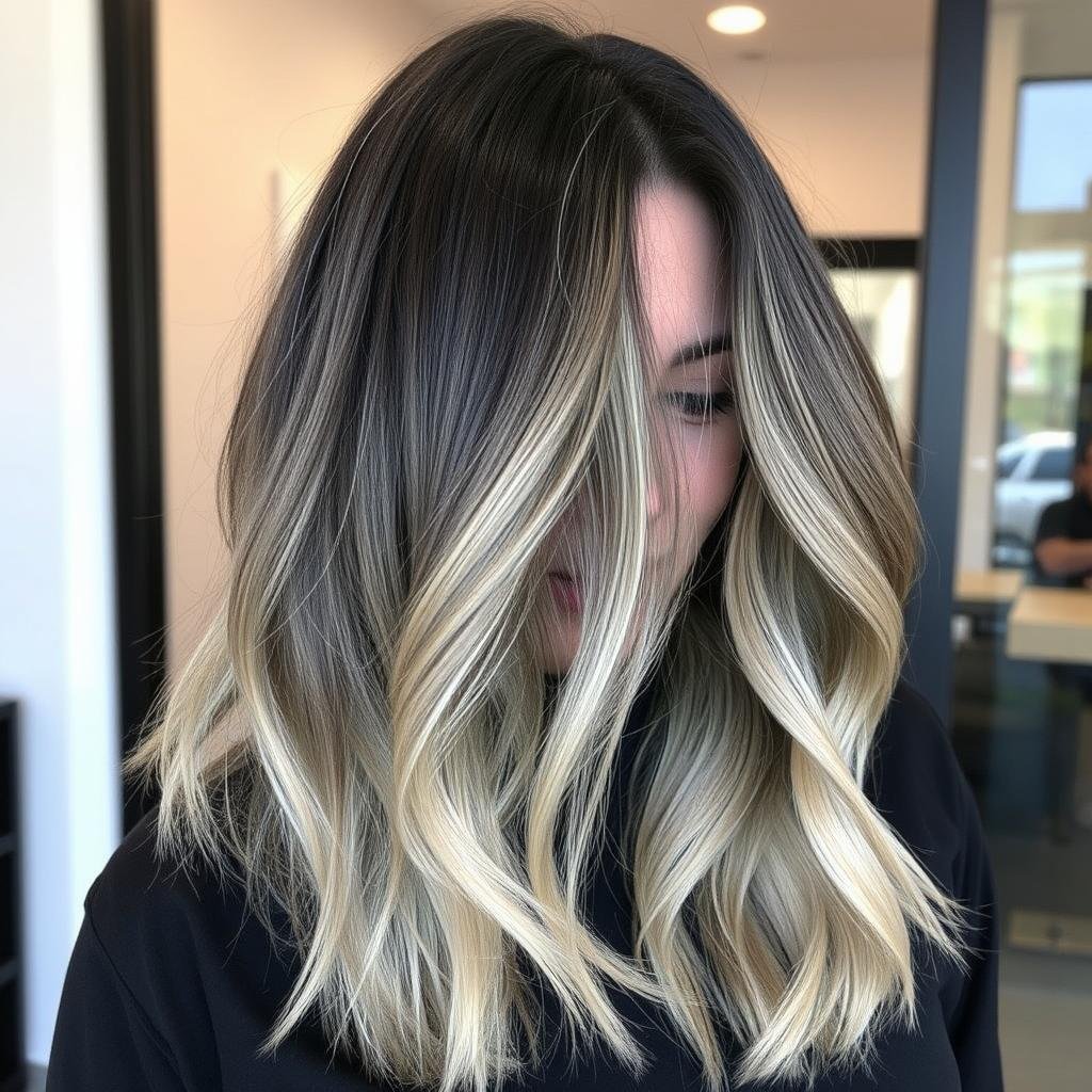 Deep black hair with ash blonde highlights creating a cool-toned look