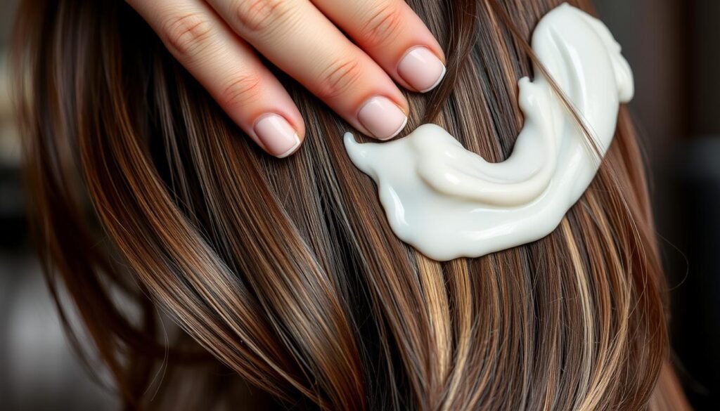 Deep conditioning treatment being applied to dimensional brunette hair