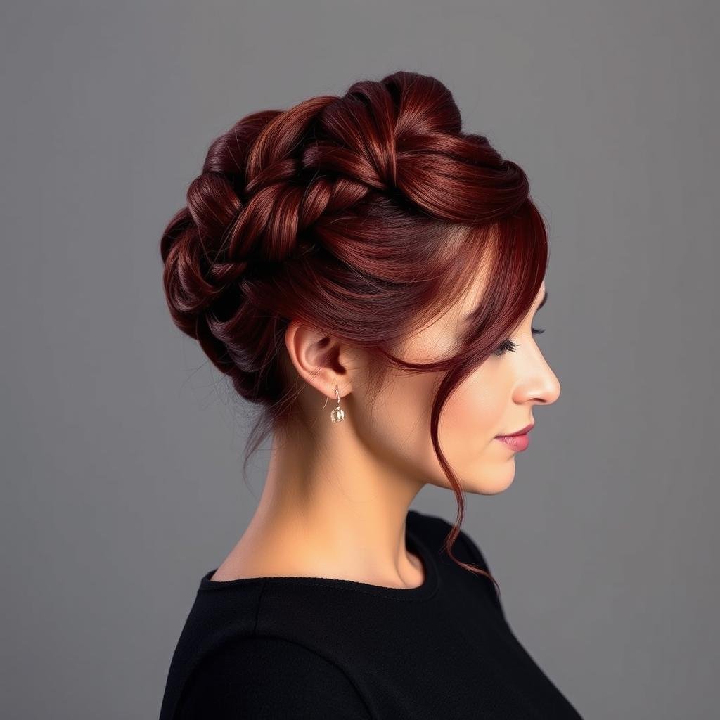 Deep garnet red hair in a braided updo showing color dimension