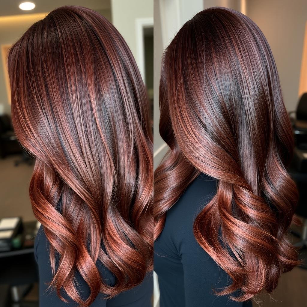 Deep mahogany red hair in long layers with balayage technique