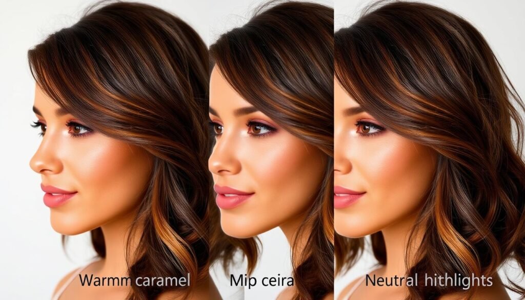Different brown highlight shades on black hair for various skin tones