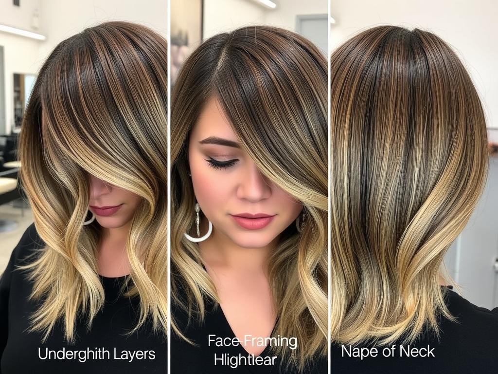 Different peekaboo highlight placement techniques shown on a model Different peekaboo highlight placement techniques shown on a model
