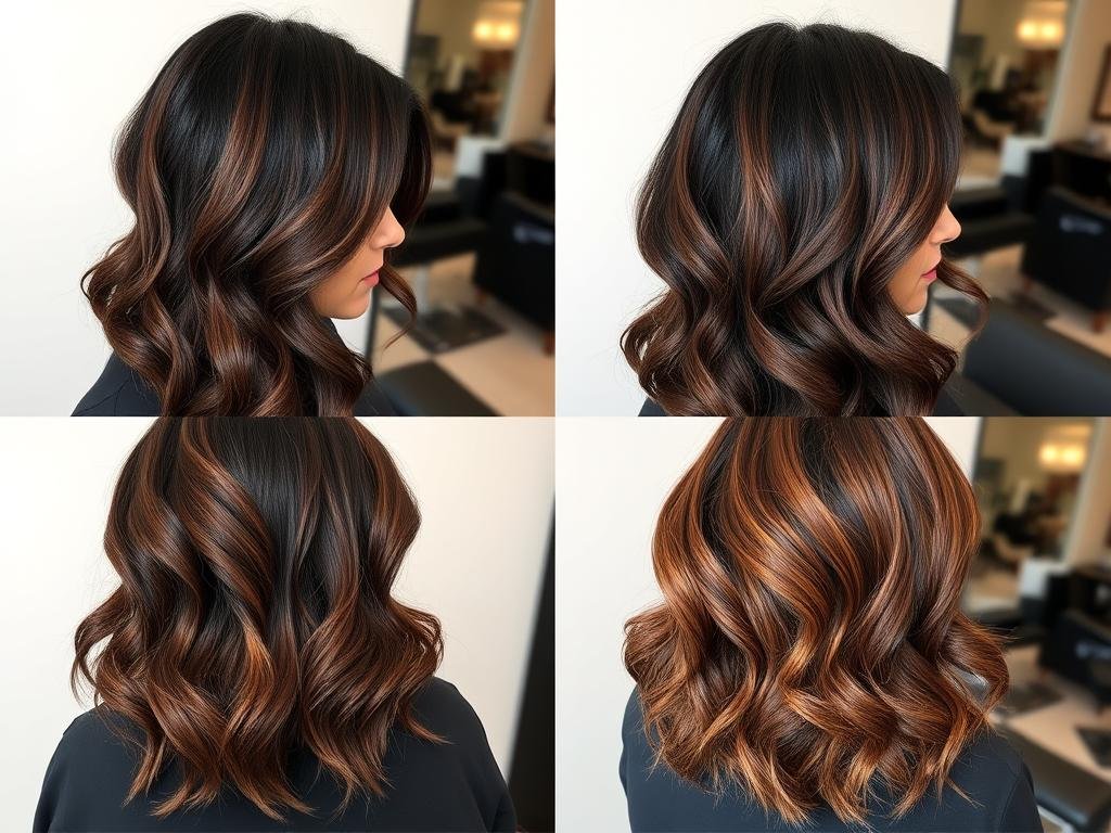 Different shades of dark chocolate balayage on black hair