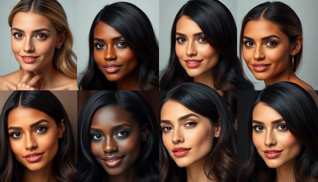 Different women with various skin tones wearing dark chocolate balayage on black hair