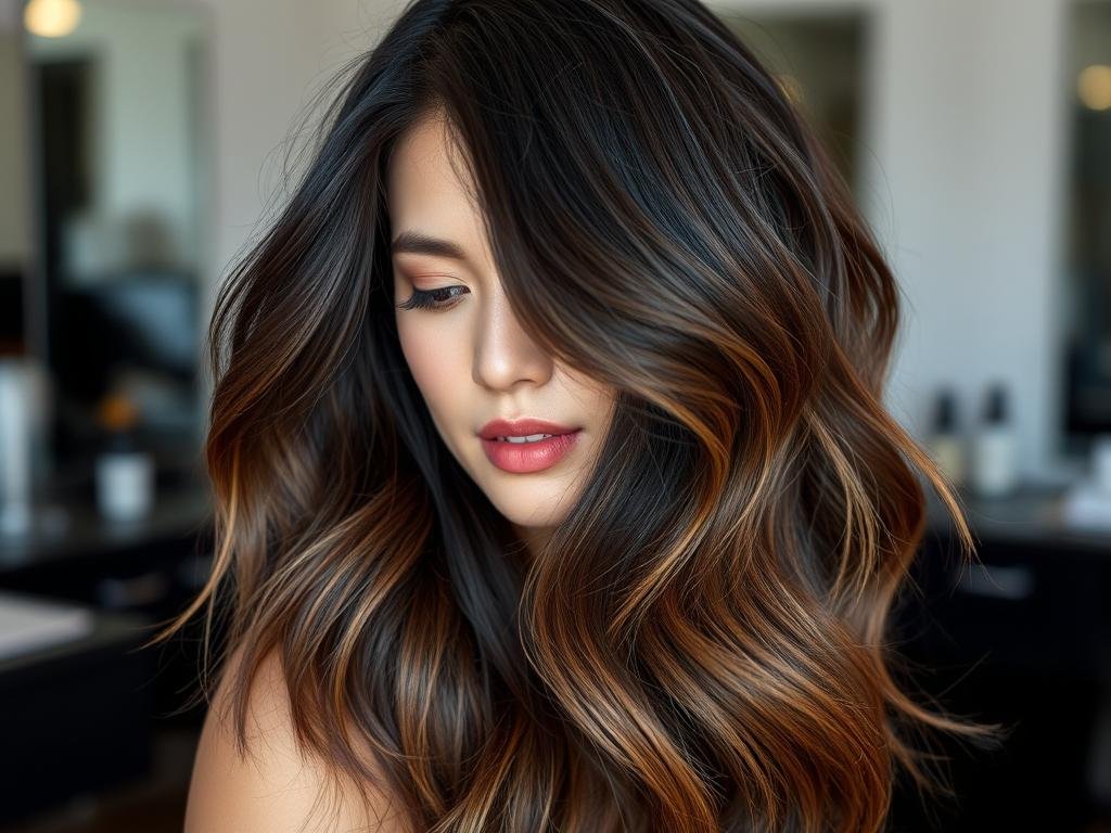 Dimensional black hair styled in loose waves