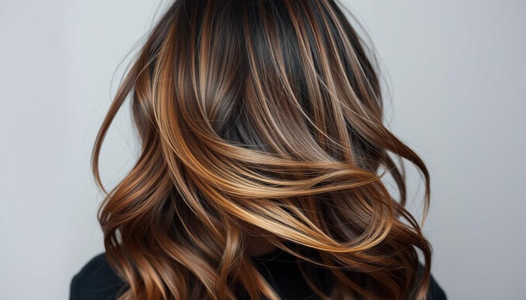 Dimensional brunette hair styled in loose waves to showcase color variation