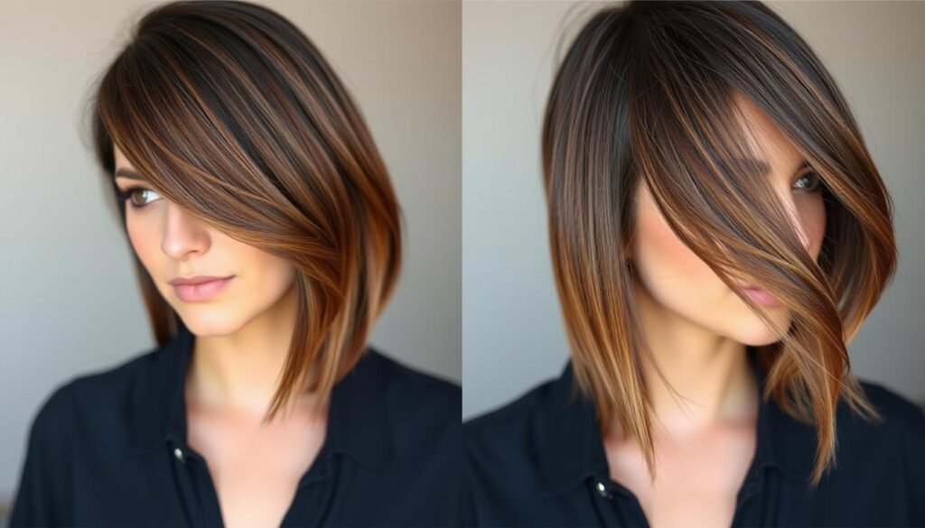 Dimensional brunette hair with side part showing color variation