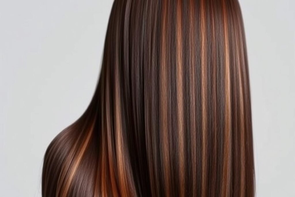 Dimensional dark brown hair styled sleek and straight with shine