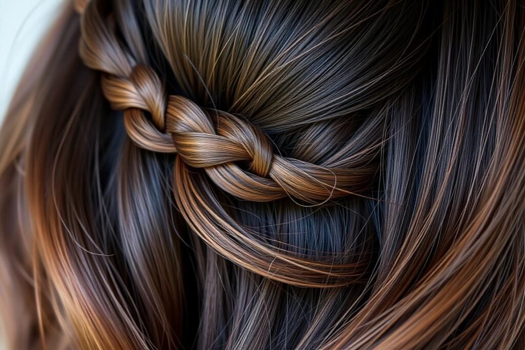 Dimensional dark brown hair with braided accent showing color dimension