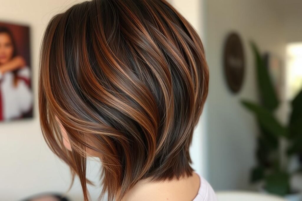 Dimensional dark brown hair with chestnut base and bronze highlights