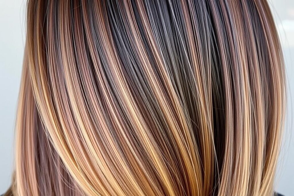 Dimensional dark brown hair with deep espresso base and honey highlights