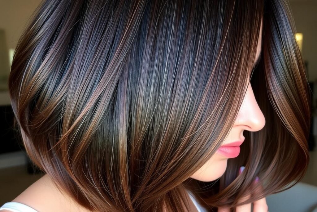 Dimensional dark brown hair with lowlights adding depth and richness