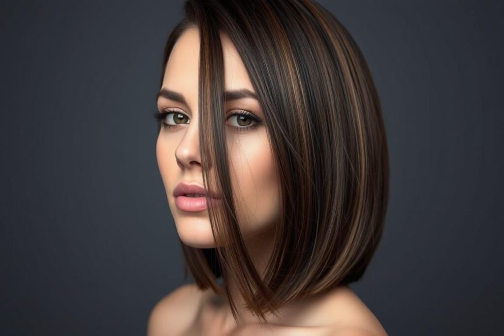 Dimensional dark brown hair with mocha base and cool ash highlights