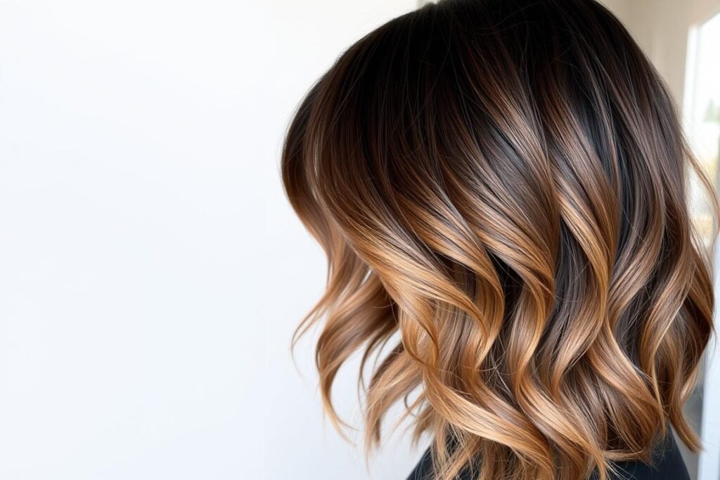 Dimensional dark brown hair with ombré technique showing gradual lightening toward ends