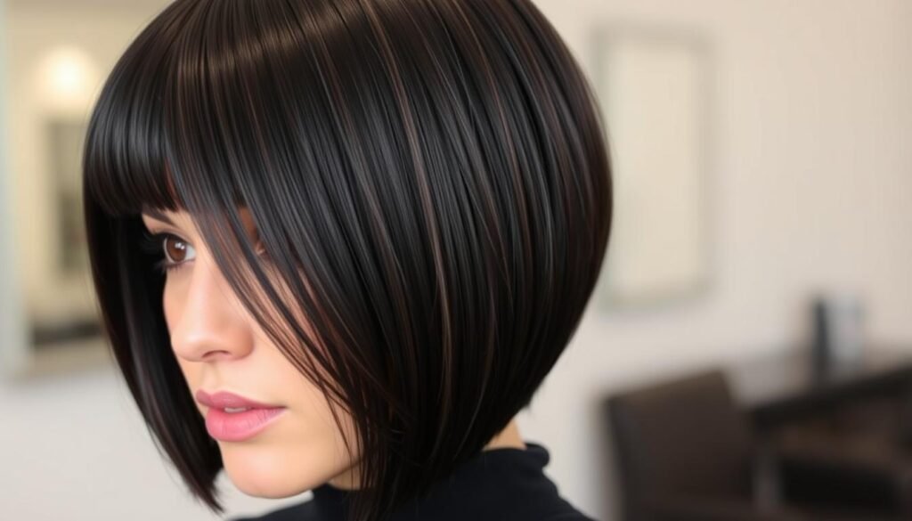 Face-framing dark chocolate balayage on black bob
