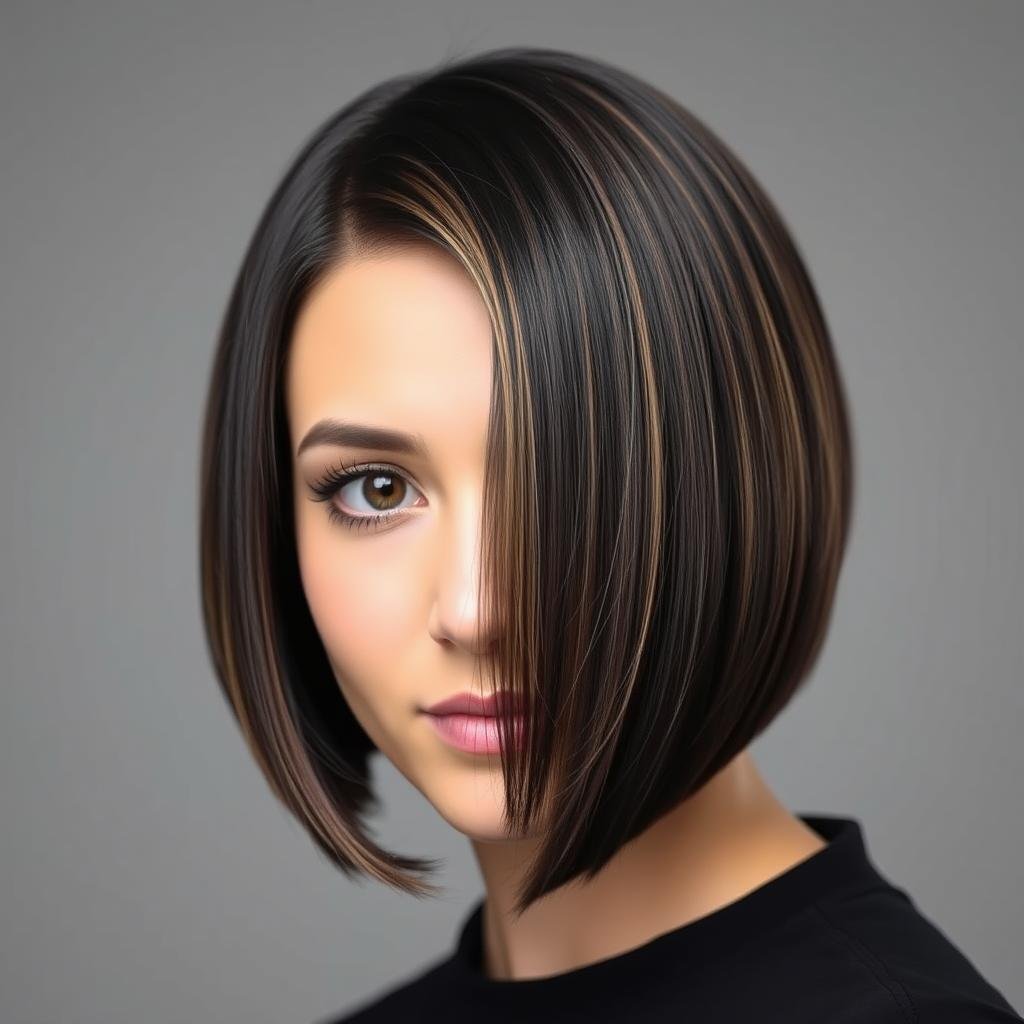 Face-framing honey highlights on black bob haircut