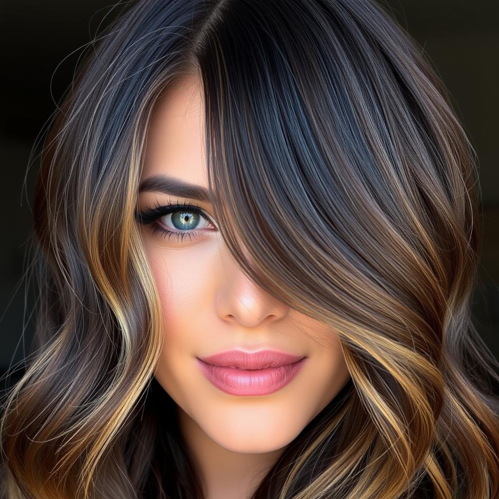 Face-framing money piece highlights on dark brunette hair