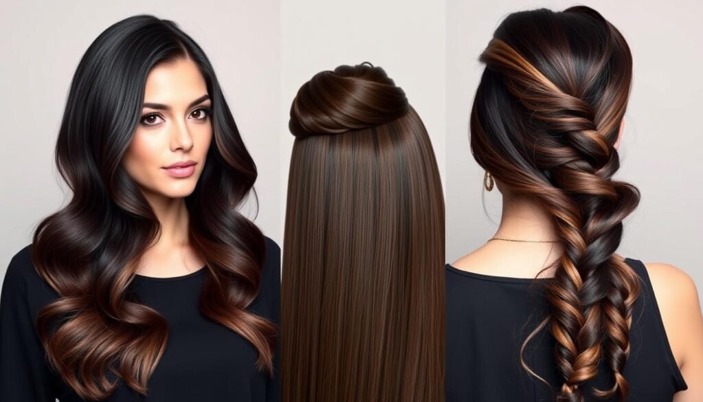 Four different hairstyles showcasing brown highlights on black hair