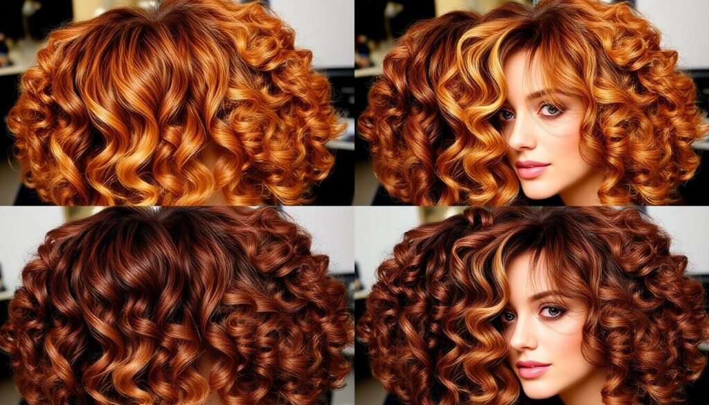 Four different shades of caramel highlights on various curl patterns Four different shades of caramel highlights on various curl patterns