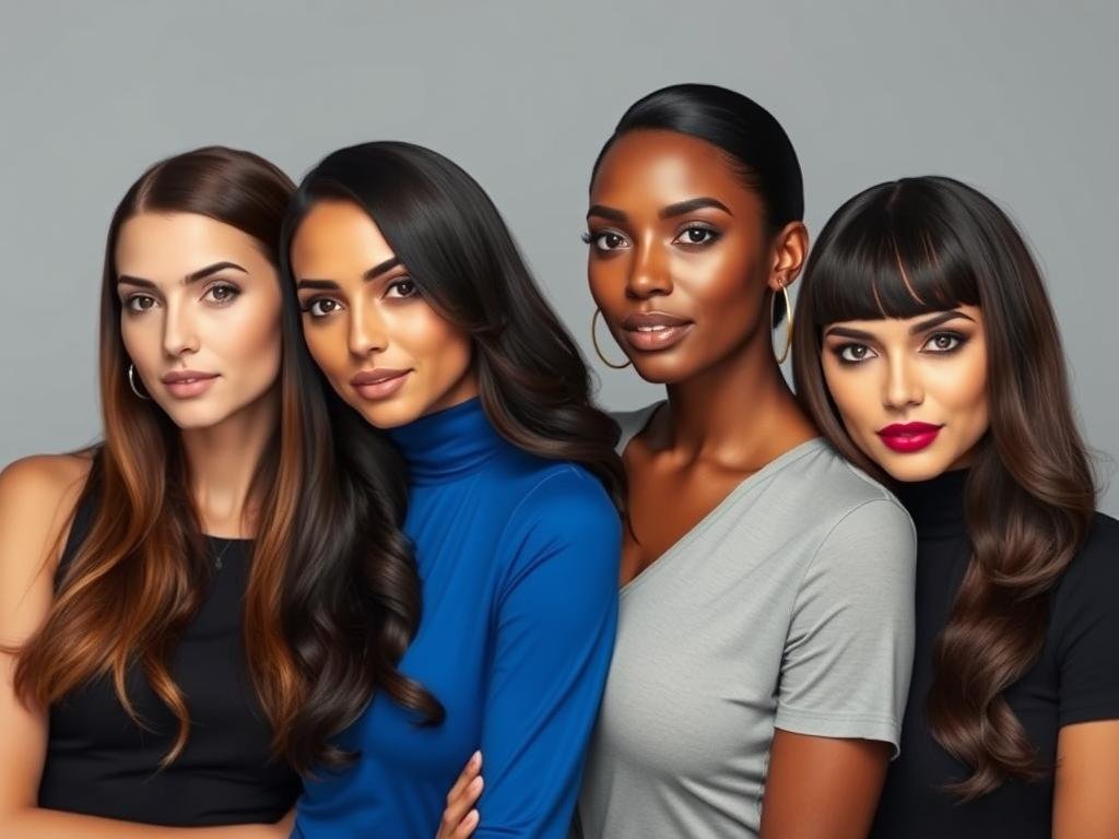 Four women with different skin tones all wearing espresso highlights that complement their complexion Four women with different skin tones all wearing espresso highlights that complement their complexion