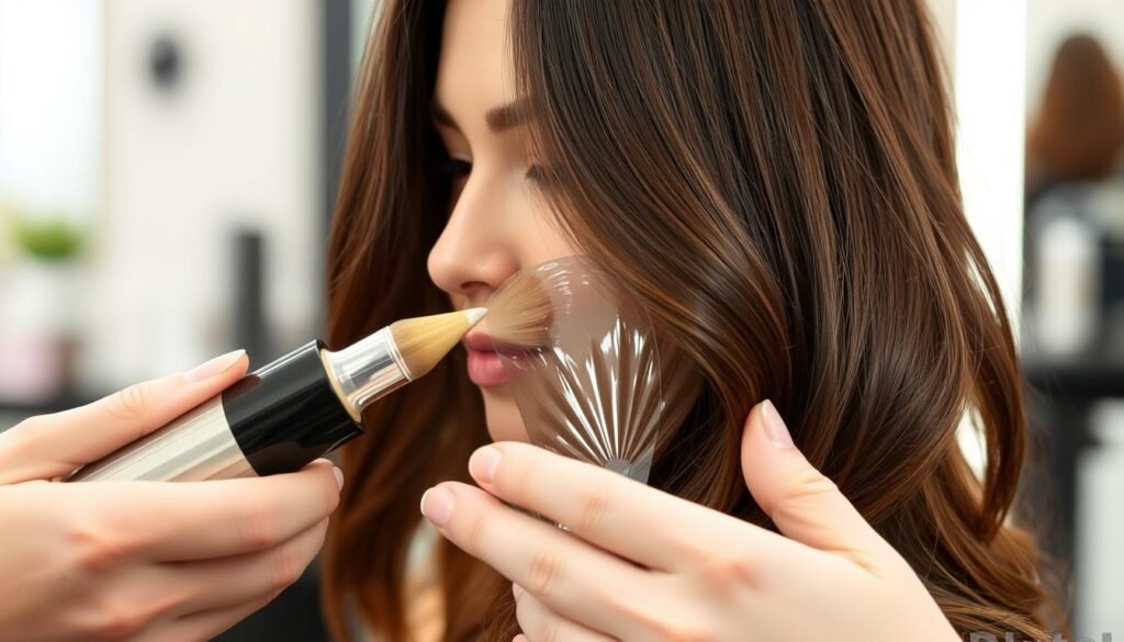 Gloss treatment being applied to refresh dimensional brunette hair