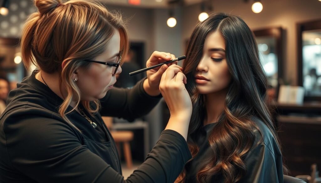 Hairstylist applying espresso highlights using the balayage technique on dark hair Hairstylist applying espresso highlights using the balayage technique on dark hair
