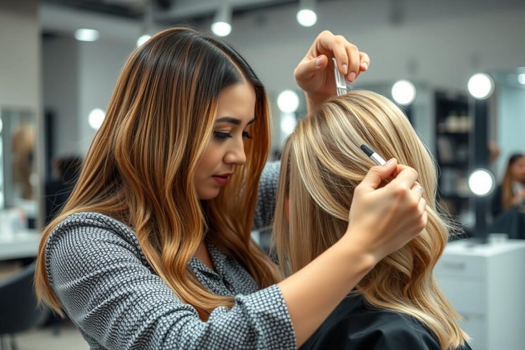 Hairstylist applying peekaboo highlights to a client in a salon setting