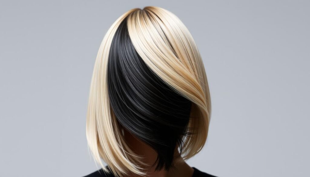 Half black half blonde hair showing dramatic color blocking style