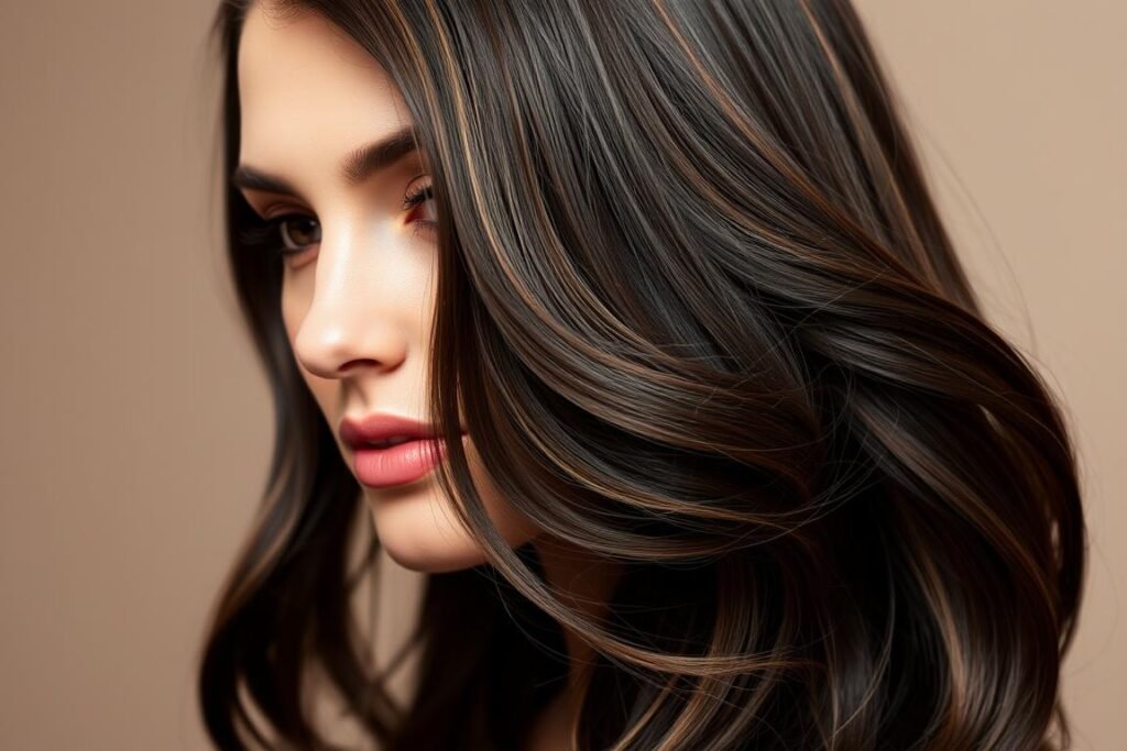 Half-up hairstyle with espresso highlights framing the face Half-up hairstyle with espresso highlights framing the face