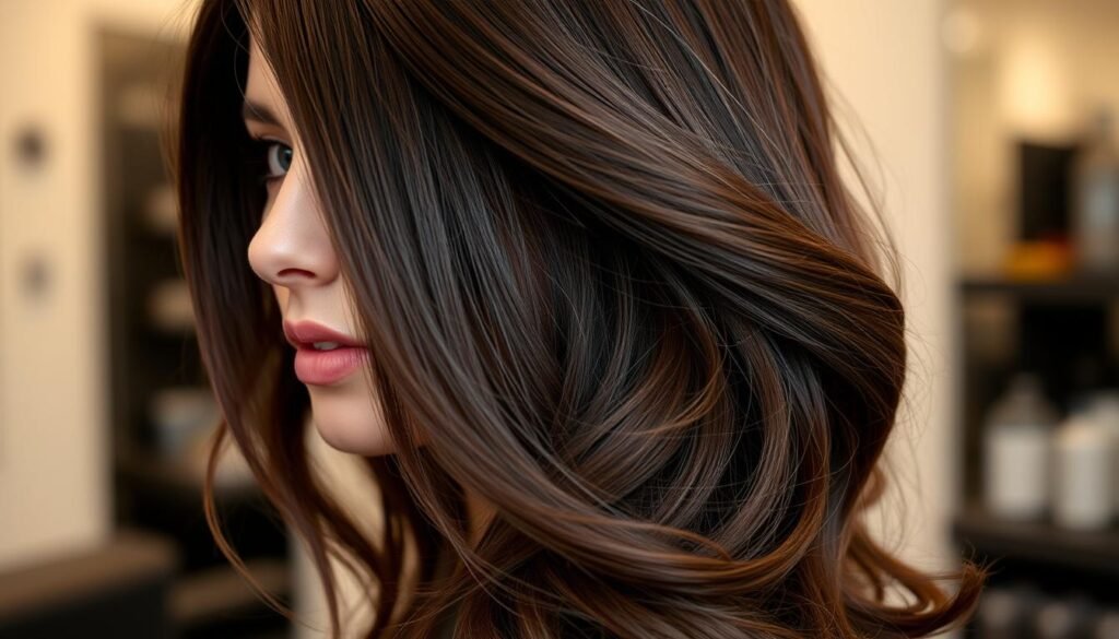 Half-up style showing peekaboo highlights in dark brown hair
