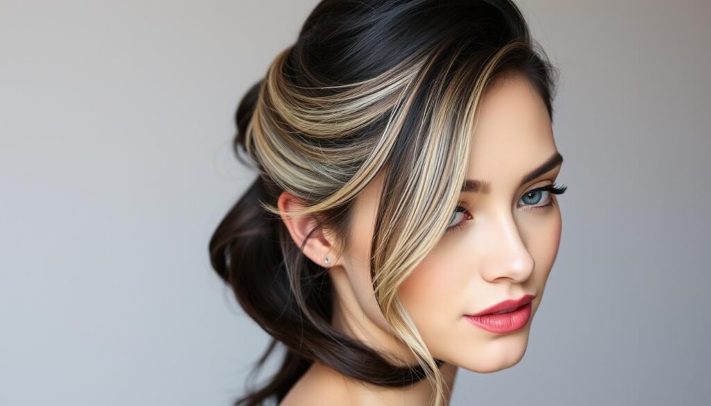 Half-up style with black hair and blonde highlights