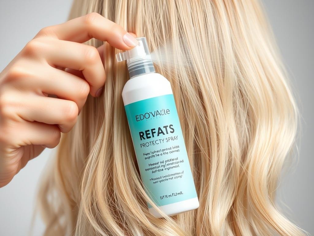 Heat protectant spray being applied to blonde hair before styling