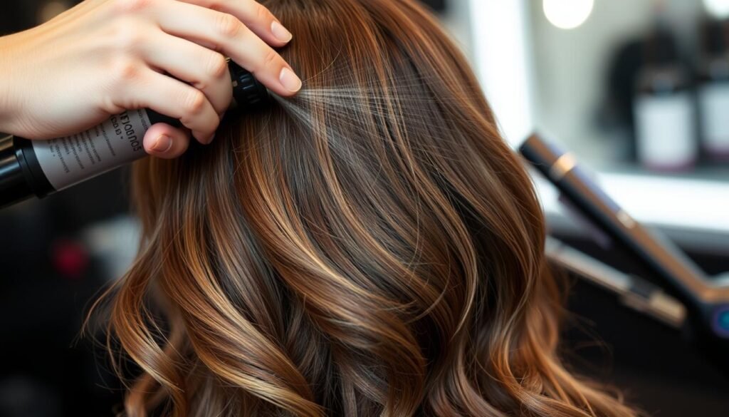 Heat protectant spray being applied to dimensional brunette hair