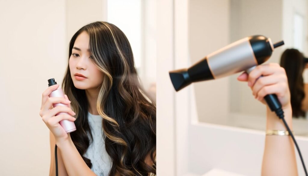 Heat protectant spray being applied to highlighted hair