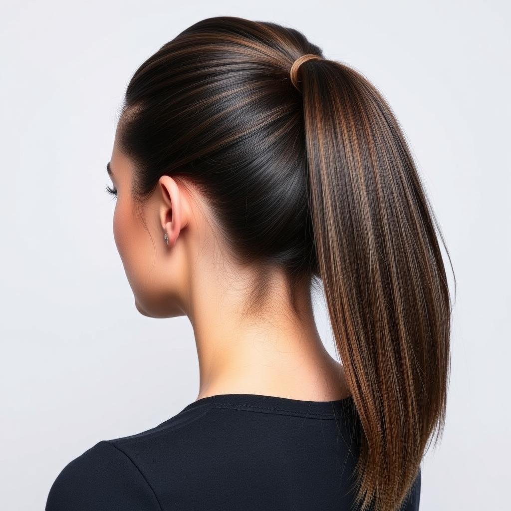 High ponytail showing peekaboo highlights at the nape and sides