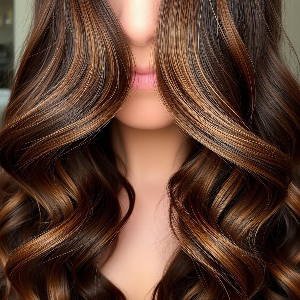 Honey brown dimension on dark brunette wavy hair