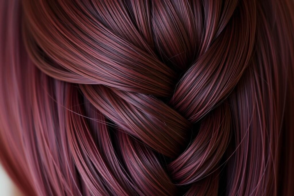 Intricate braided hairstyle on dark red hair showing the dimension of the color Intricate braided hairstyle on dark red hair showing the dimension of the color