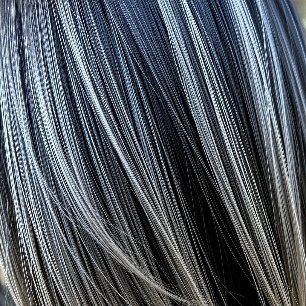 Jet black hair with platinum blonde highlights showing high contrast