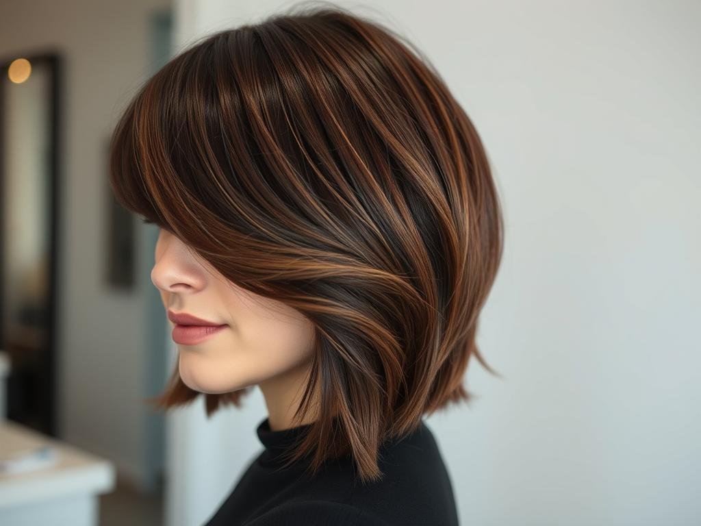 Layered cut showing peekaboo highlights in dark brown hair