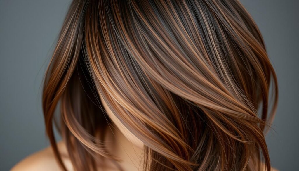 Layered haircut on dimensional brunette hair showing color variation