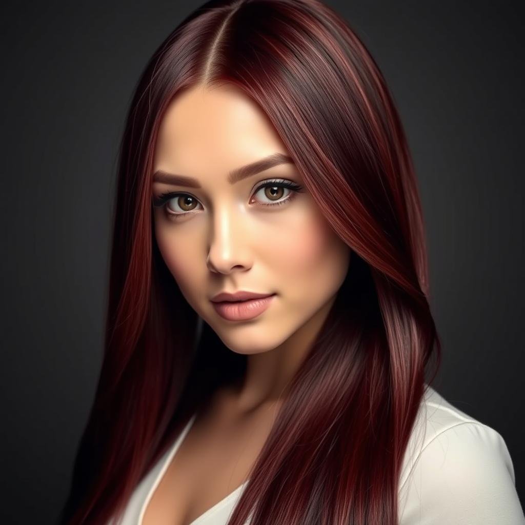 Long, straight deep burgundy red hair with subtle highlights