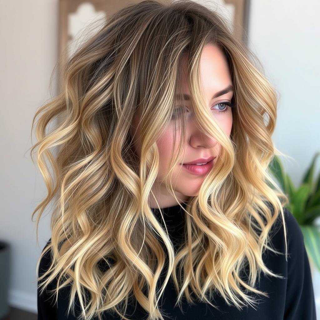 Loose curly hair with blonde balayage highlights