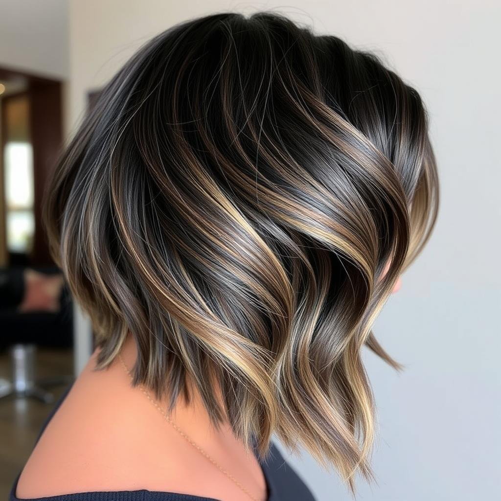 Low-maintenance balayage on black hair showing natural grow-out Low-maintenance balayage on black hair showing natural grow-out