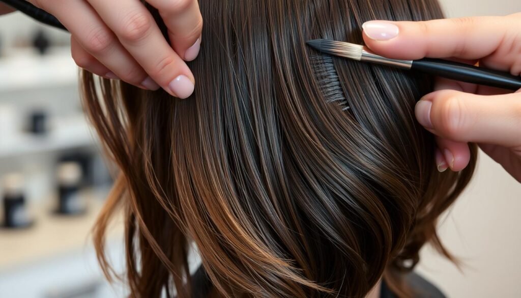Lowlights being added to brunette hair for added depth and dimension